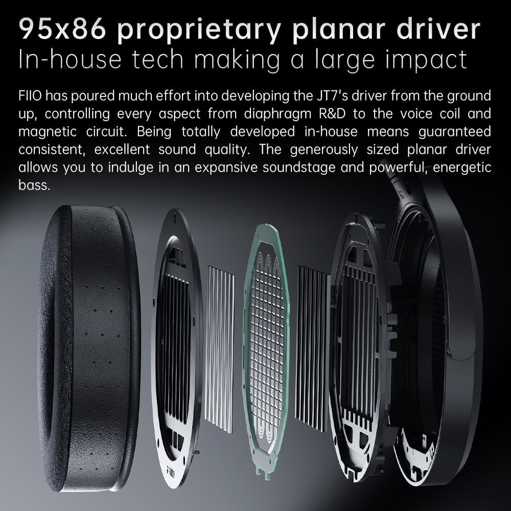 FiiO JT7 Over-Ear Planar Magnetic Headphones, 95x86mm Planar Driver, 3µm Ultra-Thin Diaphragm, Foldable Lightweight Design, Detachable 4.4mm/3.5mm Cable for Audiophiles