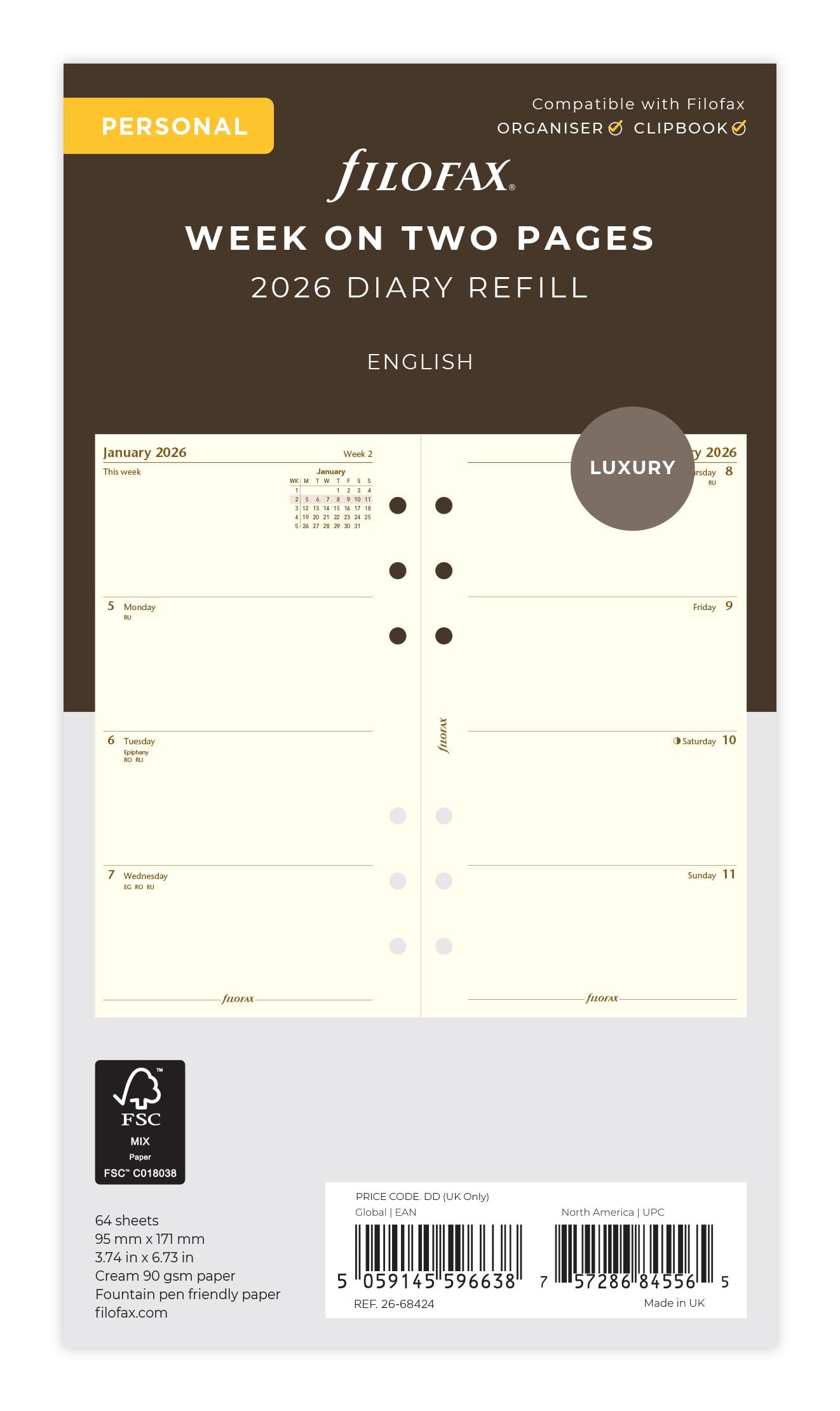 Filofax Personal week on two pages cotton cream English 2026 diary 26-68424