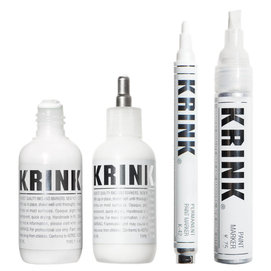 Krink Paint Marker 4-Pc White Set - Graffiti Markers Pack of 4 Includes K-60 Mop - K-66 Ball-Point - K-42 Bullet-Tip - K-75 Chisel-Tip - Alcohol-based White Paint Marker Set for Multiple Surfaces
