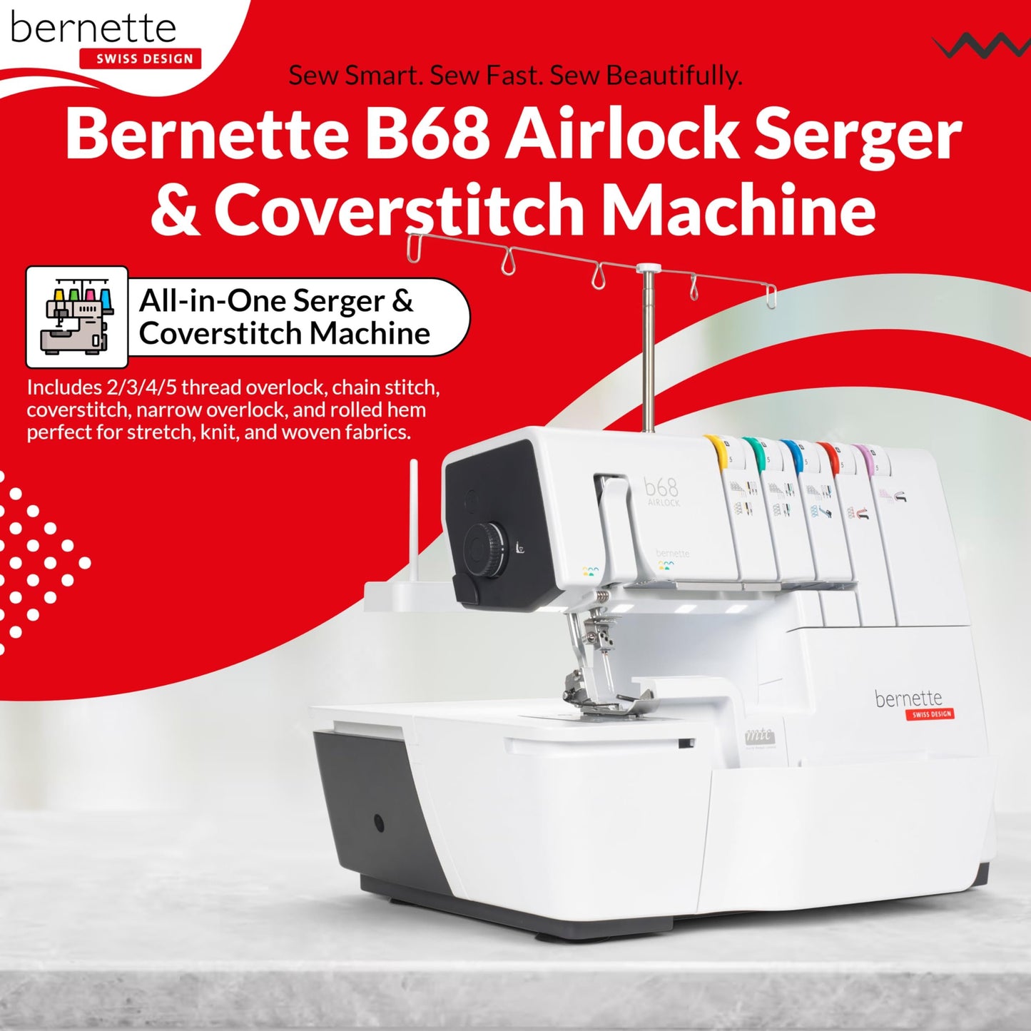 Bernette B68 Airlock Serger Sewing Machine | Adjustable Stitch Length, 1300SPM, LED Light, 5 Thread Options, Presser Foot Adjustment | Free 6 Pcs Overlock Foot Kit & 7 Pcs Coverstitch Foot Kit