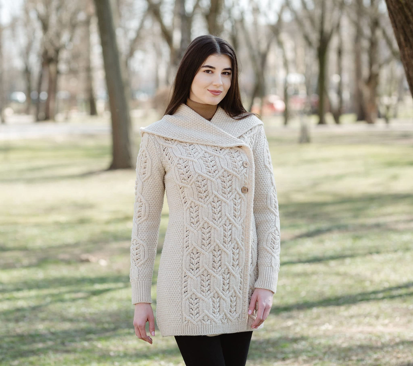 SAOL 100% Merino Wool Women Cardigan Butonned with Hood Aran Leaf Coat Made in Ireland