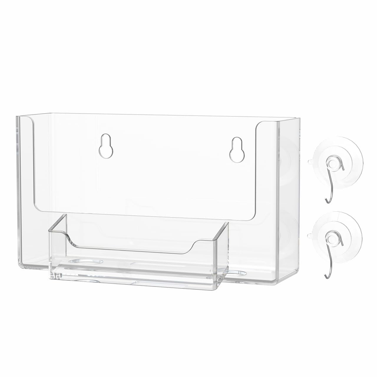 Postcard Holder with Suction Cup Hooks Window Mount Holds 6 Inch Wide Advertisements and 3.5" x 2" Business Cards Clear Acrylic Organizer for Tradeshows Expos and Conventions by Marketing Holders