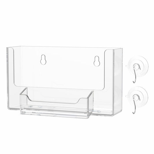 Postcard Holder with Suction Cup Hooks Window Mount Holds 6 Inch Wide Advertisements and 3.5" x 2" Business Cards Clear Acrylic Organizer for Tradeshows Expos and Conventions by Marketing Holders