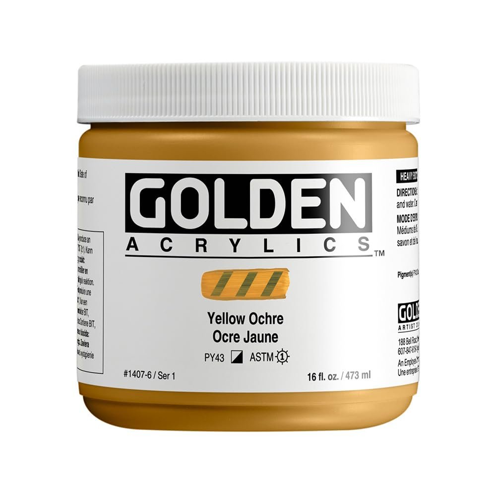 Heavy Body Acrylics by GOLDEN, Yellow Ochre, 16 fl. oz. Jar, Professional Acrylic Paint, Semi-Opaque
