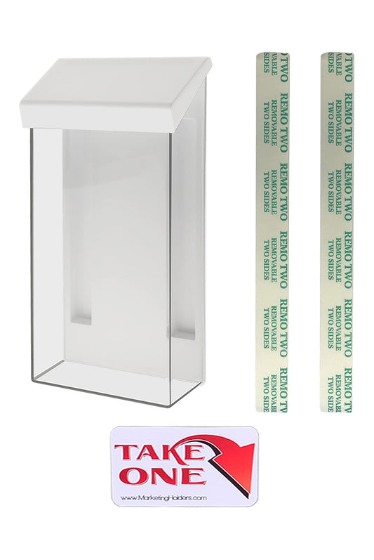 Marketing Holders Outdoor Brochure Holder Holds 4" x 9" Trifolds Wall Mount Clear with White Lid Acrylic Rack Cards Box with Lid Includes Take One Sticker Adhesive Strips Advertising Display