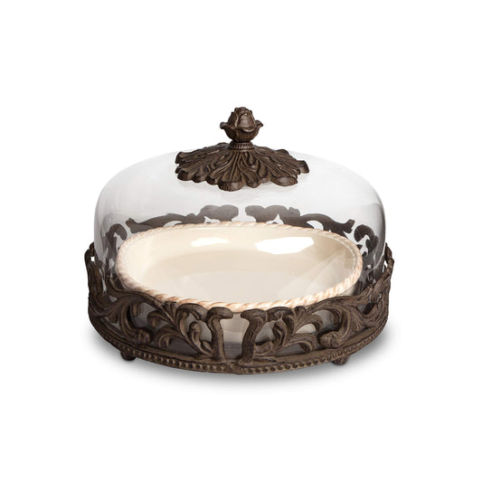 GG Collection Cream Ceramic Pie Plate With Dome Lid With Acanthus Leaf Metal Base