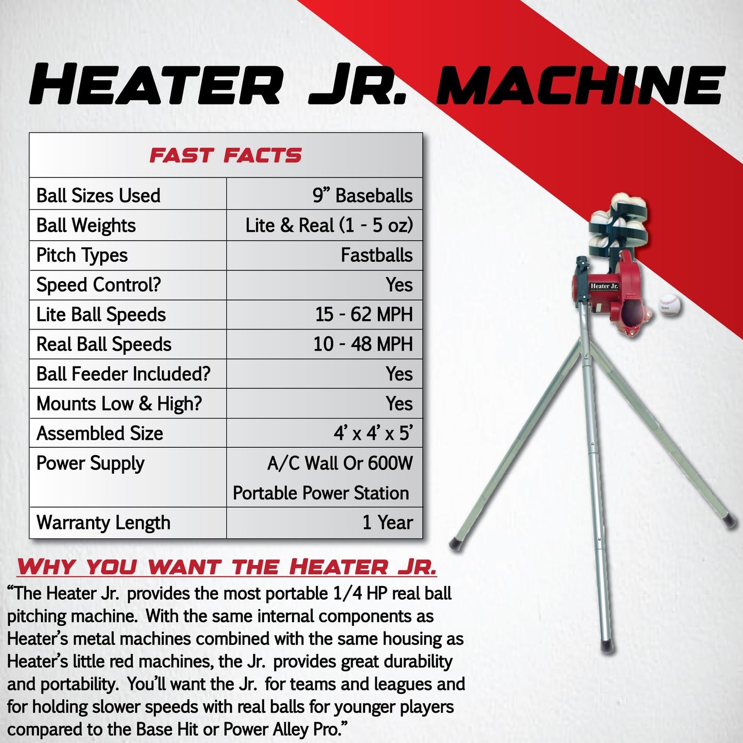 Heater Sports Junior Baseball Pitching Machine, Portable, and Adjustable with Variable Speed and Angle, Perfect for Kids' Batting Practice, Skill Development, and Backyard Training