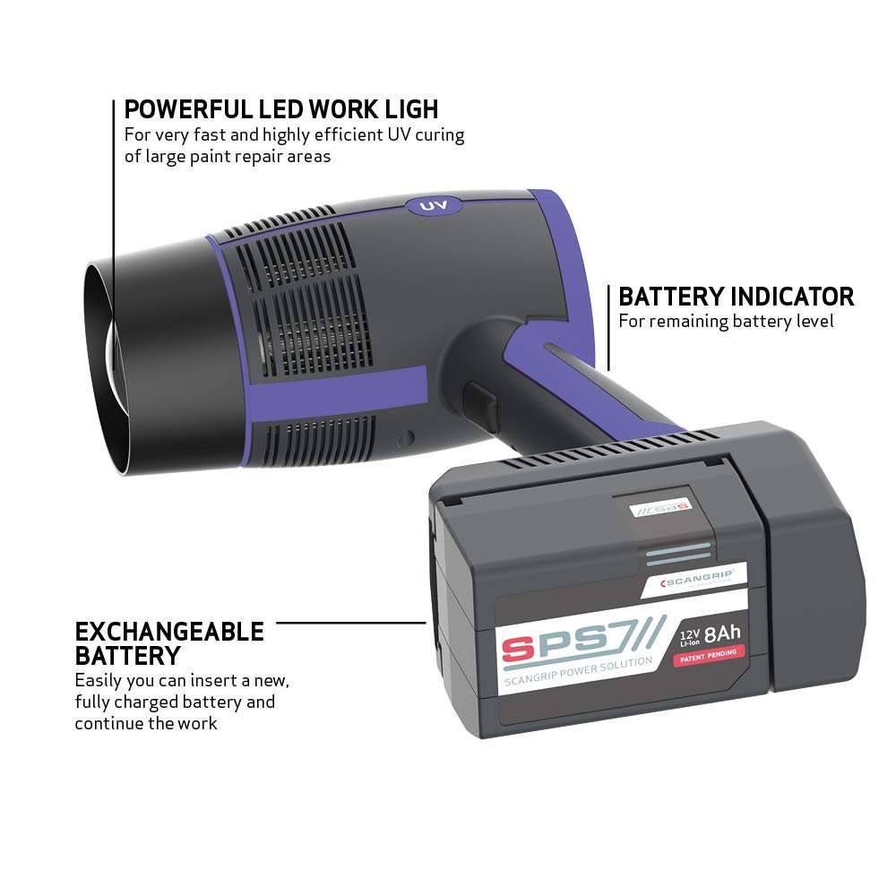 SCANGRIP UV-Gun, Rechargeable LED Work Light for UV Curing of Large Paint Repair, Exchangeable Battery Pack, Handheld, 1 Minute Curing Time, Can be Used on Plastic and Heat Sensitive Material