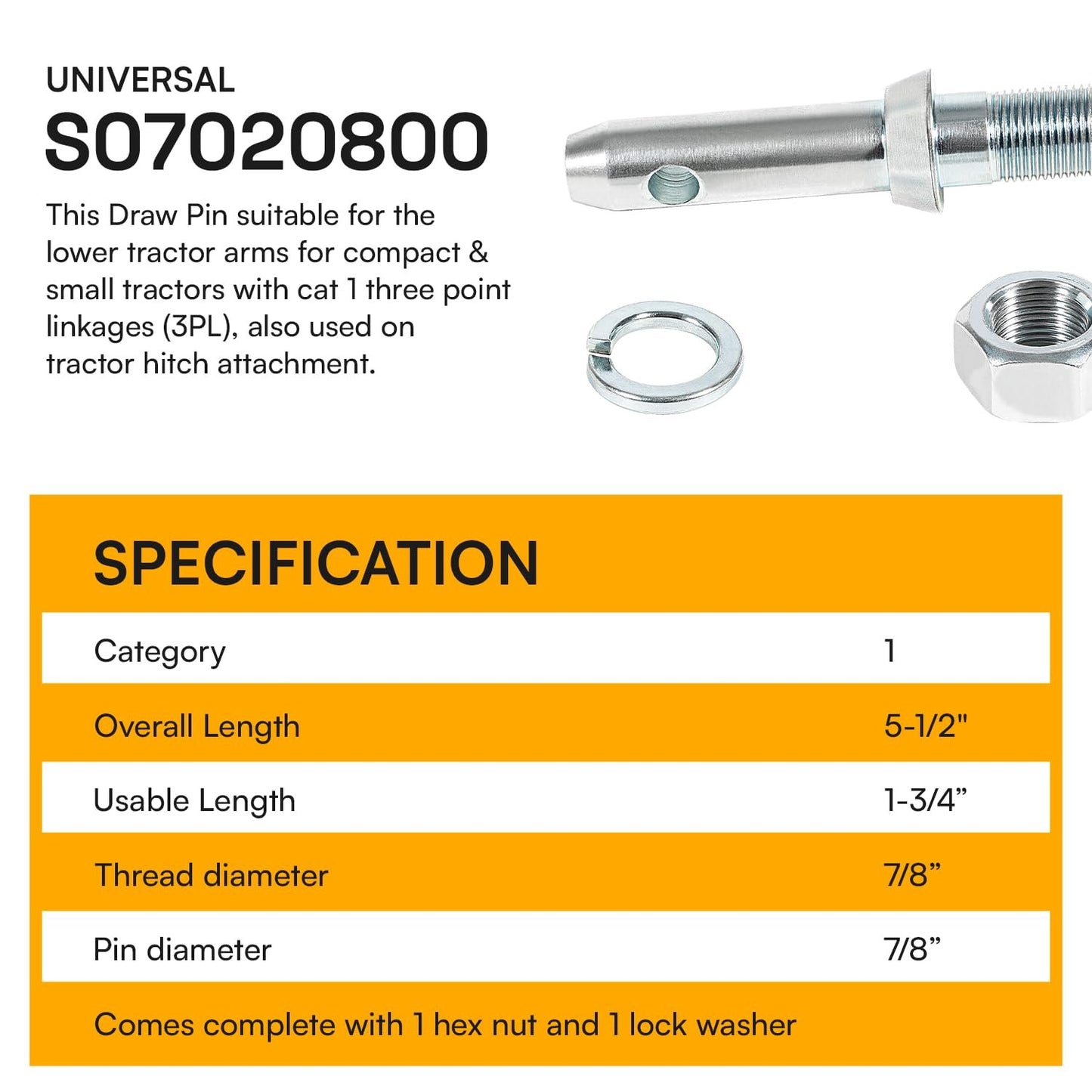 Upgraded S07020800 Cat 1 Draw Pin Hitch Tractor Pins, Cat 1 Top Link Pin 5-1/2 in Universal Forged Draw Pin Lift Arm Pin Accessories for Tractors, 3 Pack