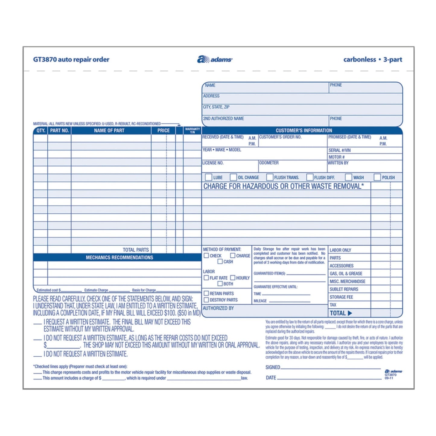 Adams® Auto Repair Order Set, 8 1/2" x 7 7/16", 3-Part, Carbonless, White/Canary/White