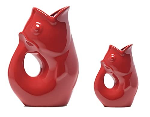 Gurgle Pot Fish Pitcher- Set of 2, Urban Red, French Inspired Design, Large Pitcher 42 oz. with matching 3 oz. Creamer, Perfect Indoor or Outdoor Tableware. 42 Fluid Ounces and 3 Fluid Ounces