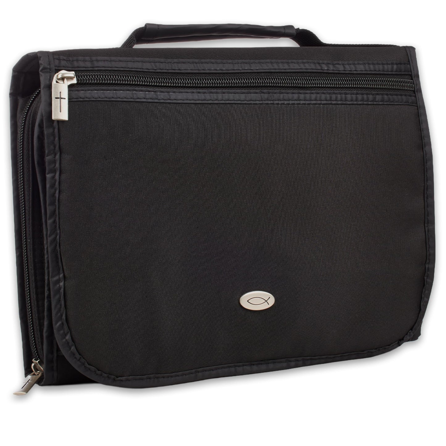 Christian Art Gifts Faith Badge Floral Women's Tri-Fold Organizer Bible Cover Zipper Closure, Teal Canvas, Large