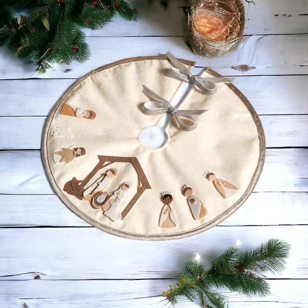RAZ Imports 18" Cream Nativity Tree Skirt with Felt Appliques and Ribbon Ties