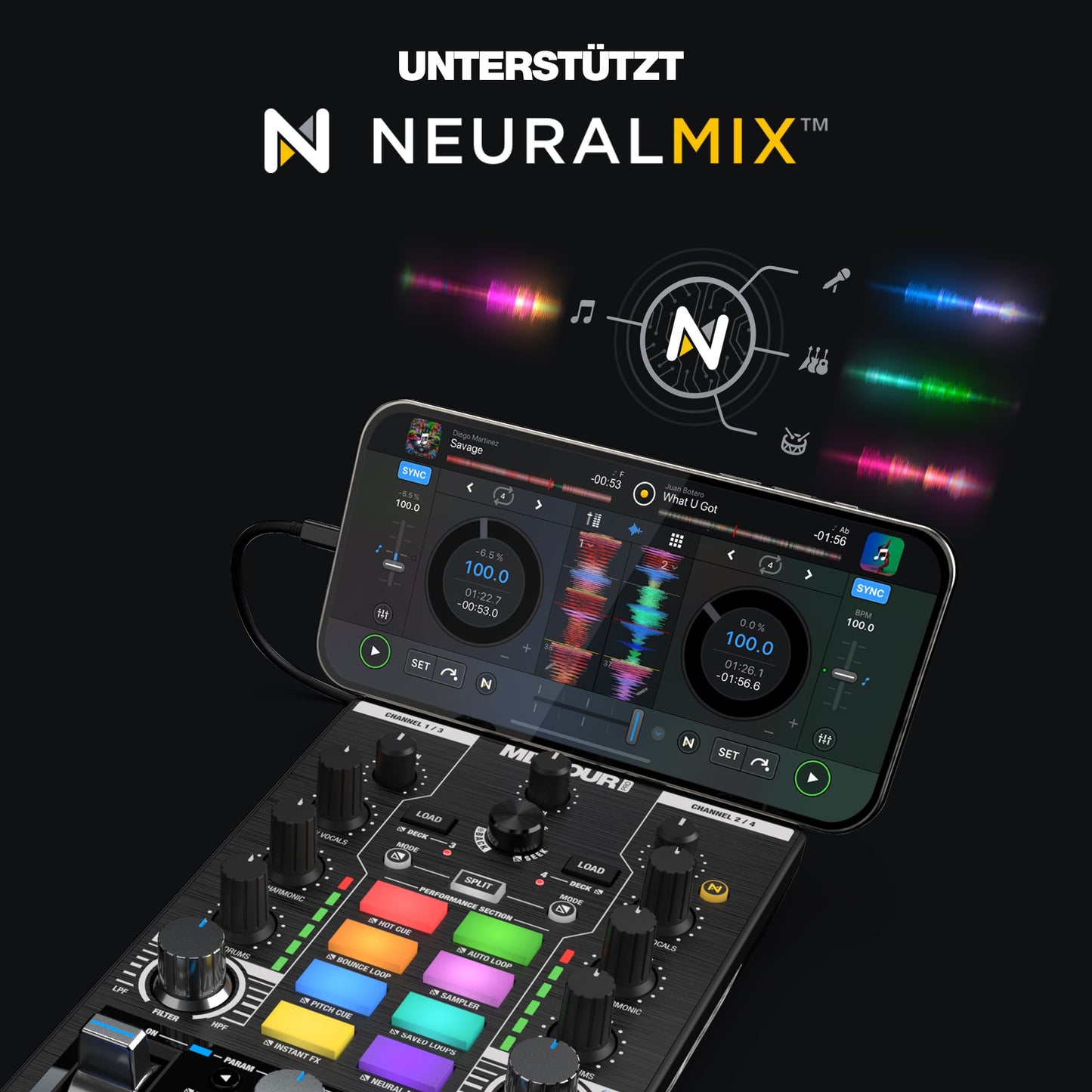 Reloop Mixtour Pro High-quality, ultra-portable, all-in-one four-deck DJ controller with audio interface