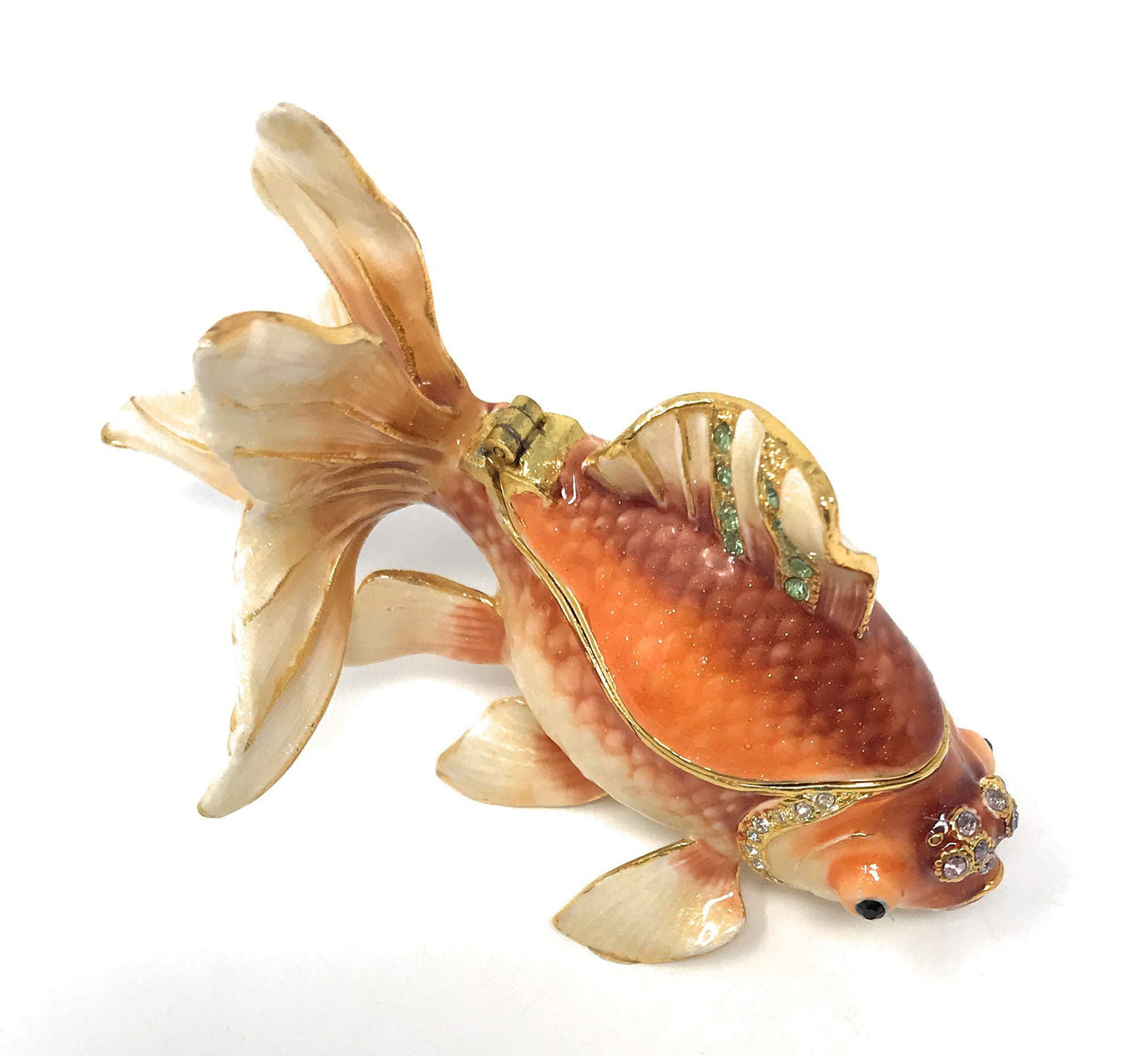 Kubla Crafts Enameled Fantail Koi Goldfish Trinket Box, Accented with Austrian Crystals, 3.5 Inches Long