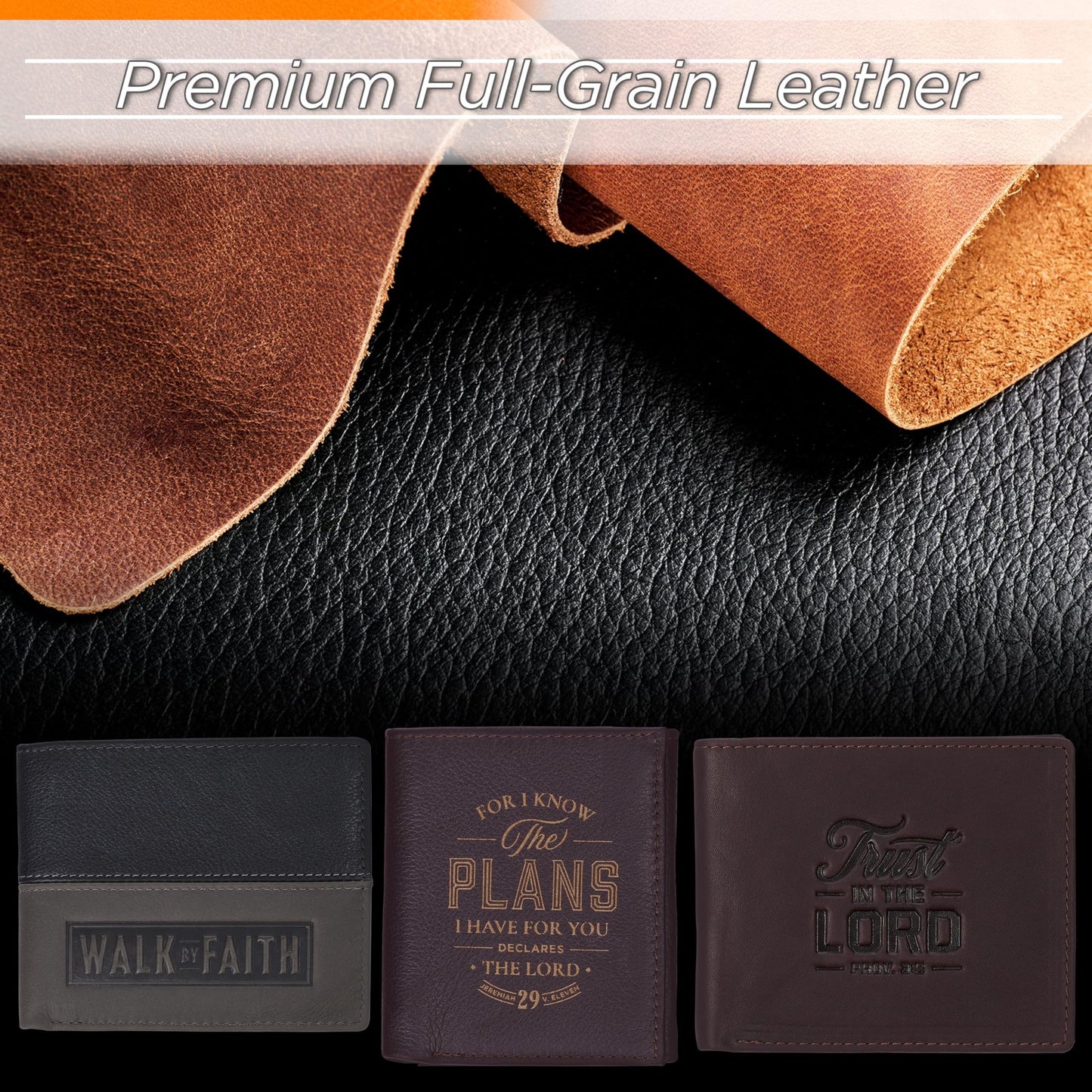 Christian Art Gifts Genuine Premium Full Grain Leather RFID Blocking Silver Engraved Cross Wallet for Men: Multi Pocket Billfold w/Removable ID Window Accessory for Credit Cards, Bills, Photos, Black