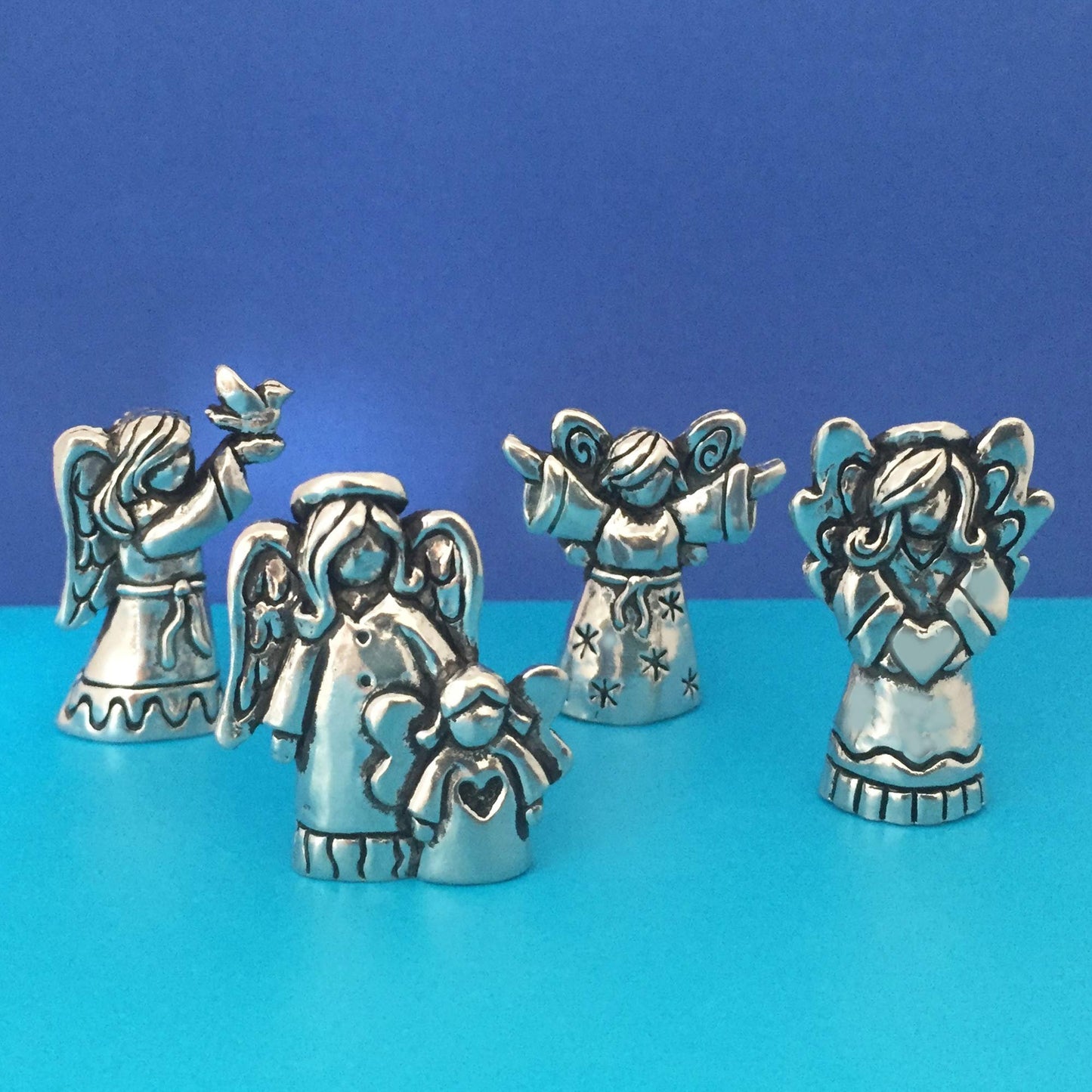 Basic Spirit Blessing Angels Set of 4 Pewter Inspirational Healing Collectible Figurines Statues Velvet Pouch