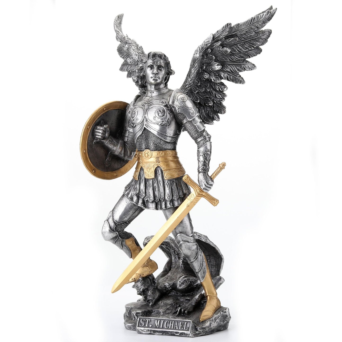 VERONESE 12 3/4 Inch Archangel Saint Michael Cold Cast Resin Statue Pewter Finish Religious Sculpture