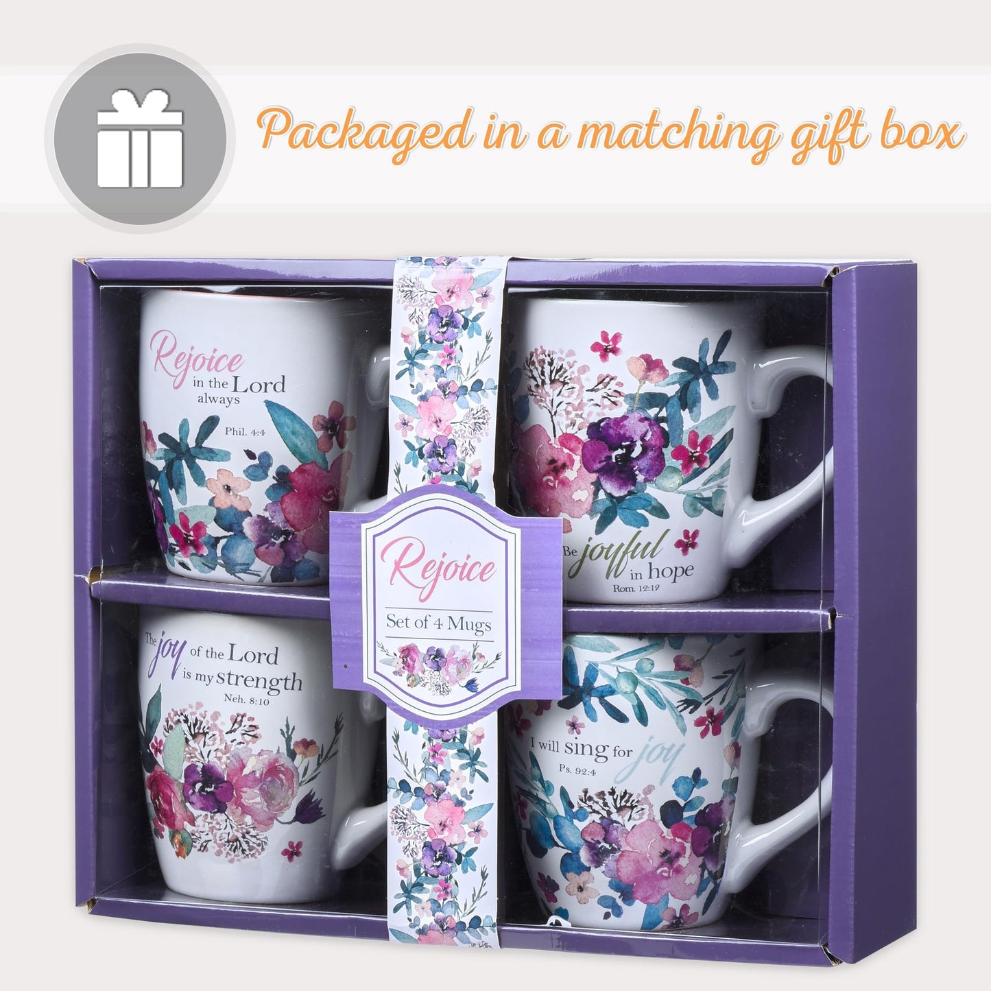 Christian Art Gifts Ceramic Coffee or Tea Mug Set for Women, Rejoice Watercolor Flowers Design Bible Verse Mug Set, Boxed Set of 4 Coffee Cups