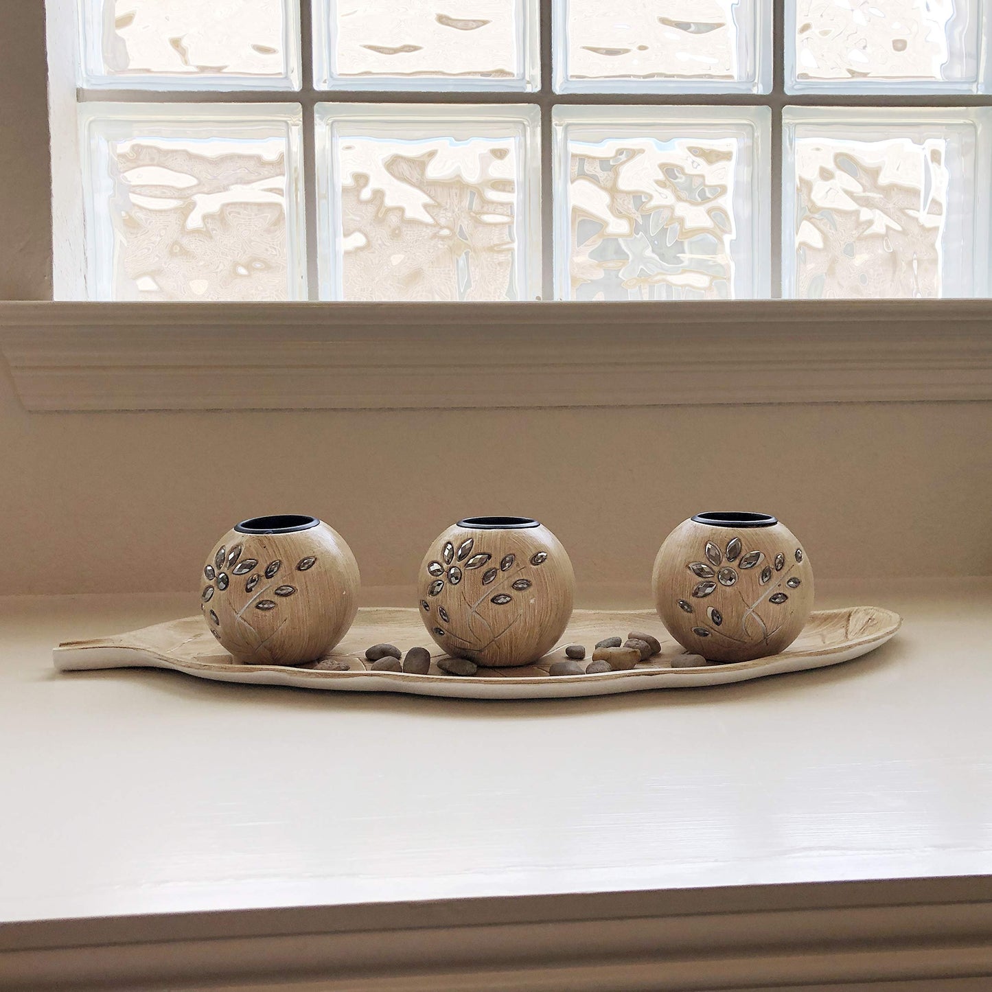 allgala Wooden Candle Holder Tray 3 Ball Orbs Set Tealight Candle Holder Centerpiece with Pebbles on Leaf Tray for Coffee Table Dining Table Accents Bowl for Living Room Décor