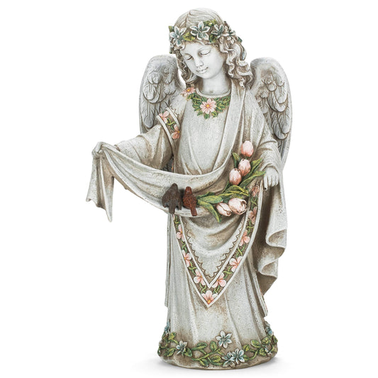 Roman Josephs Studio Inspirational Girl Angel Wearing Floral Trimmed Gown with Birds Garden Statue, 16.5-Inch