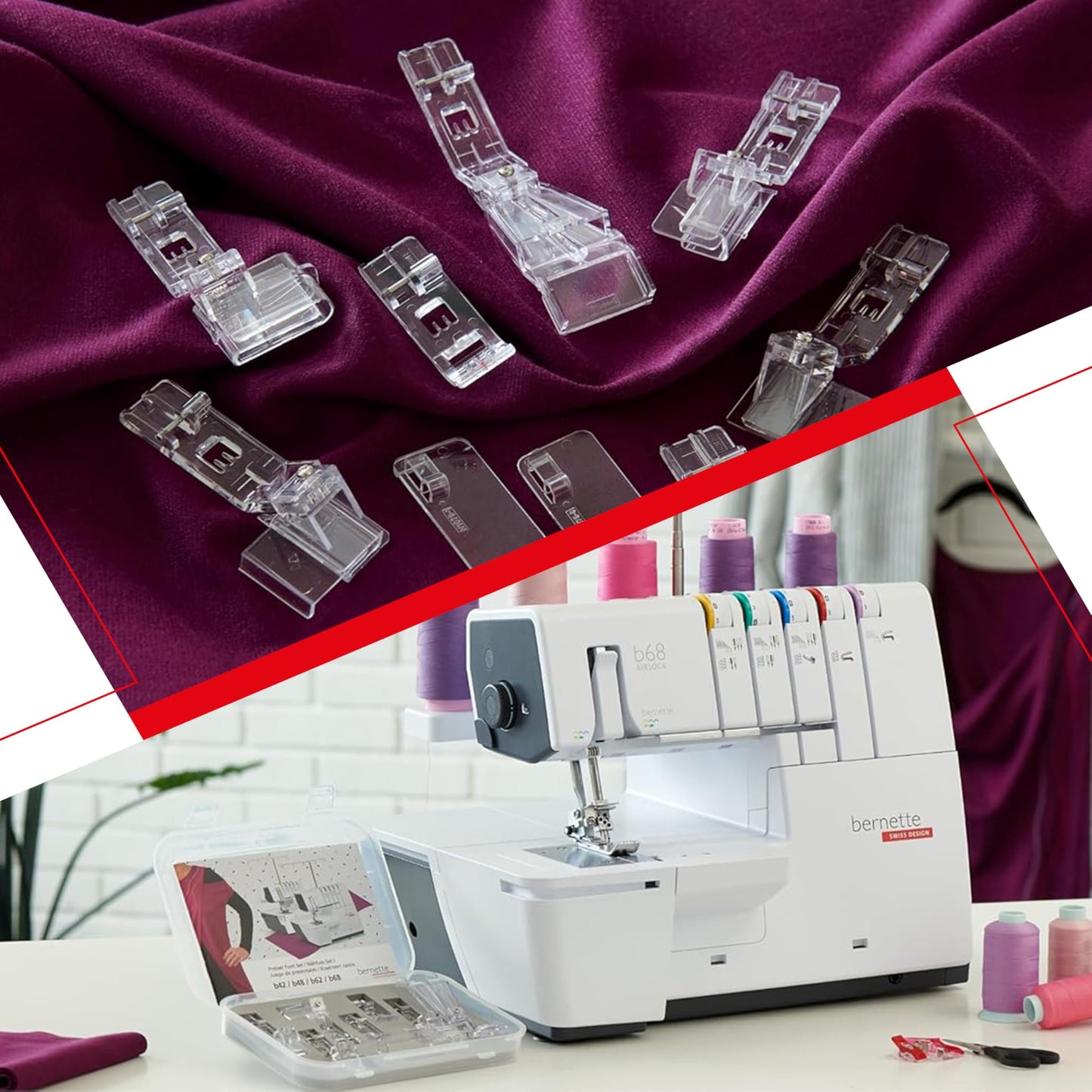 Bernette B68 Airlock Serger Sewing Machine | Adjustable Stitch Length, 1300SPM, LED Light, 5 Thread Options, Presser Foot Adjustment | Free 6 Pcs Overlock Foot Kit & 7 Pcs Coverstitch Foot Kit
