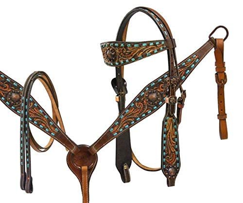 Showman Copper Painted Floral Tooled Headstall & Breast Collar Set w/Teal Buckstitch