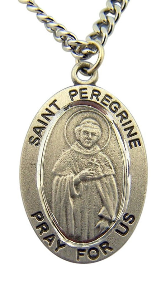 St Peregrine Pewter Oval Medal with Cont Loop Chain | Patron Saint of Cancer and Illness