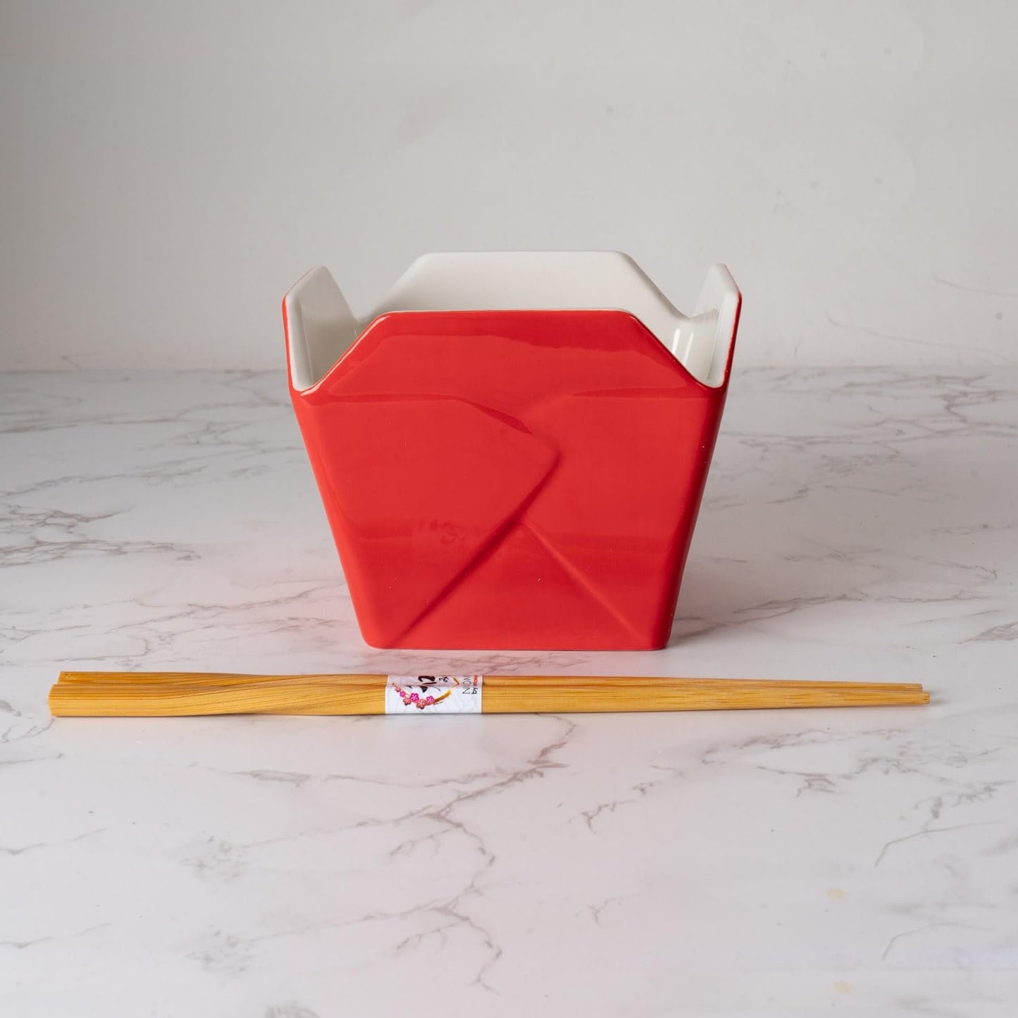 Urban Tokyo Chinese Takeout Box Style Porcelain Bowl With Chopsticks 18 fl oz Square Box Shape Rice Noodles Pasta To Go Box Shaped Bowl Microwave Dishwasher Safe (Classic Pagoda)