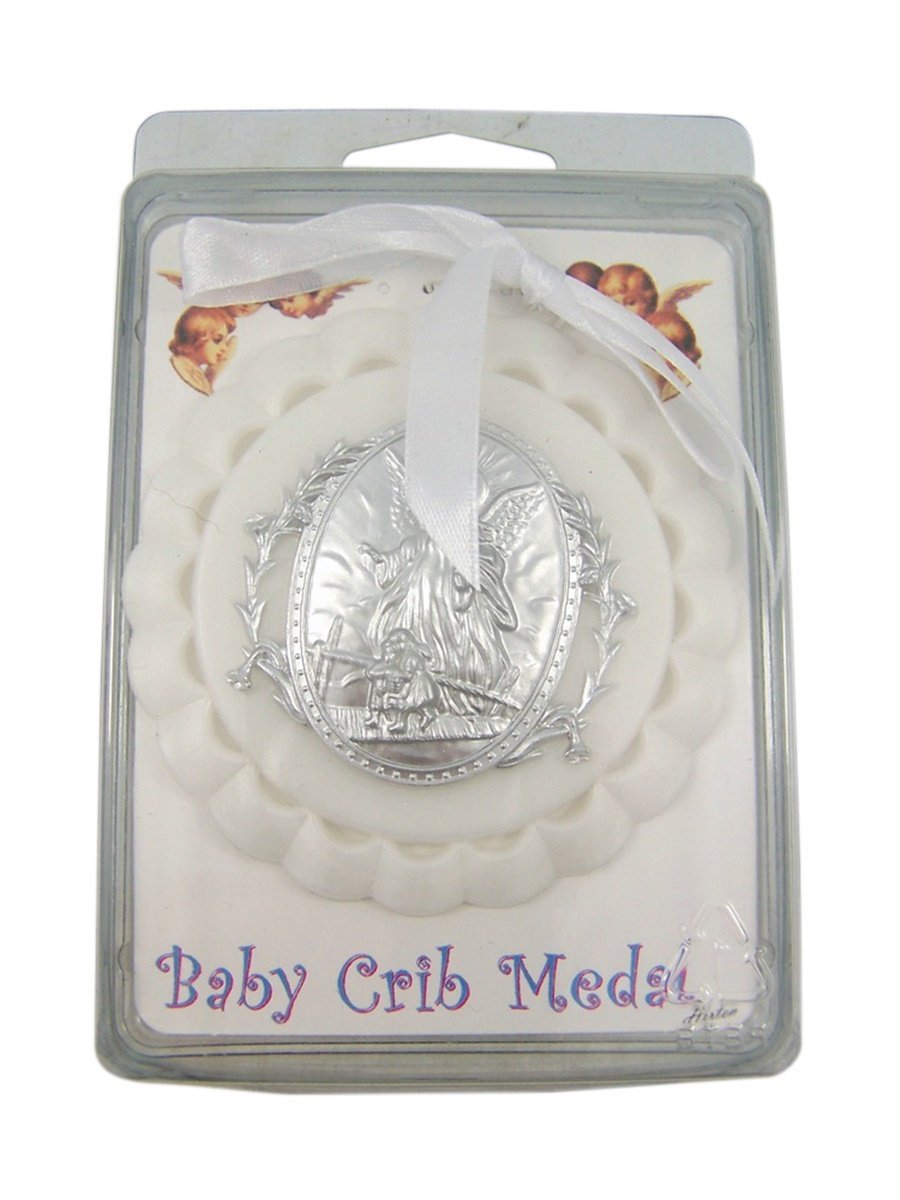 Moulded Acrylic White Crib Medal with Guardian Angel for Baby Nursery Decor, 3 1/2 Inch