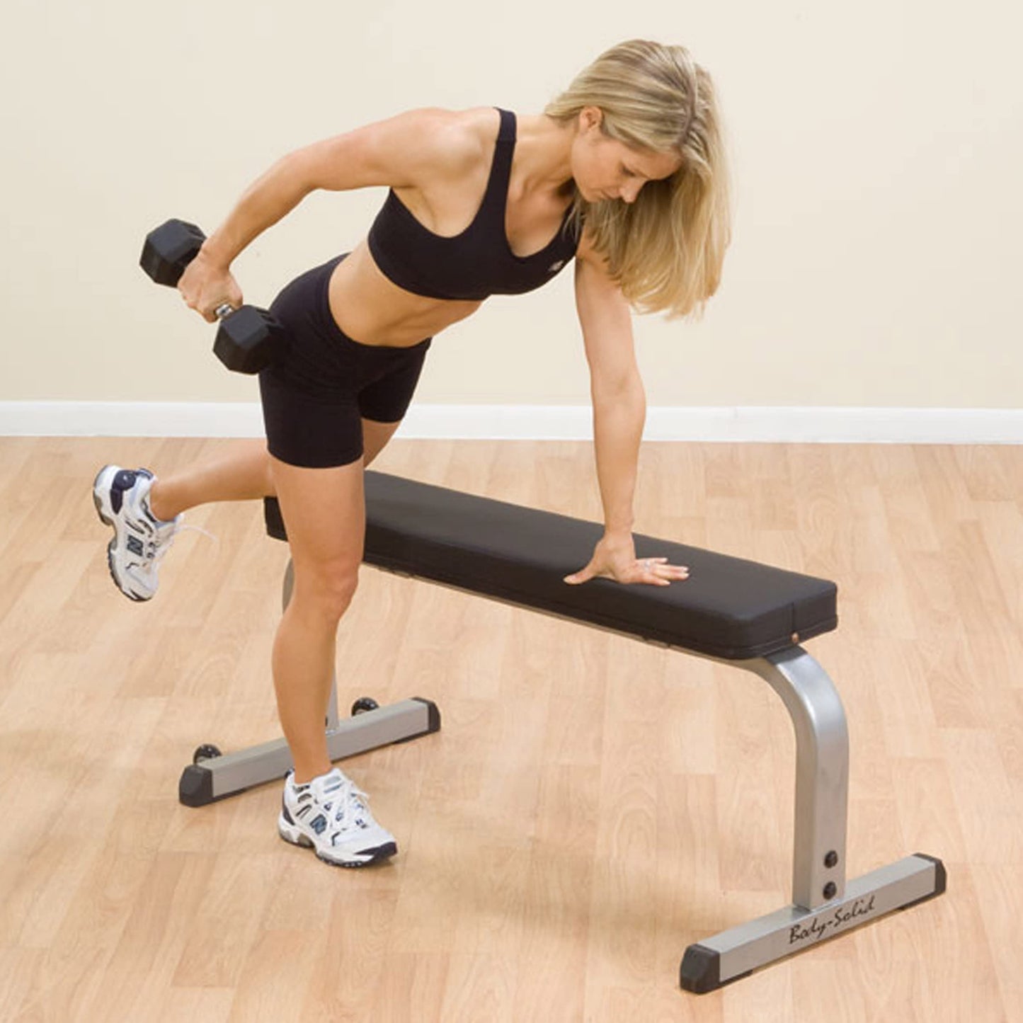 Body-Solid (GFB350B) Adjustable 600 lbs. Capacity Flat Utility Weight Bench for Strength Training, Stretching, Ab Exercises, and Dumbbell Curls, Black