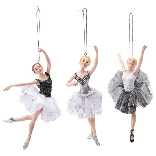 Kurt S. Adler Elegant Whimsical Ballerina, Fairy, Angel Ornaments (Set of 3 Black Silver White 6" Ballerina Christmas Tree Ornaments E0544)