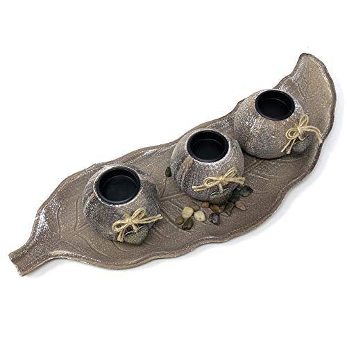 allgala Wooden Candle Holder Tray 3 Ball Orbs Set Tealight Candle Holder Centerpiece with Pebbles on Leaf Tray for Coffee Table Dining Table Accents Bowl for Living Room Décor