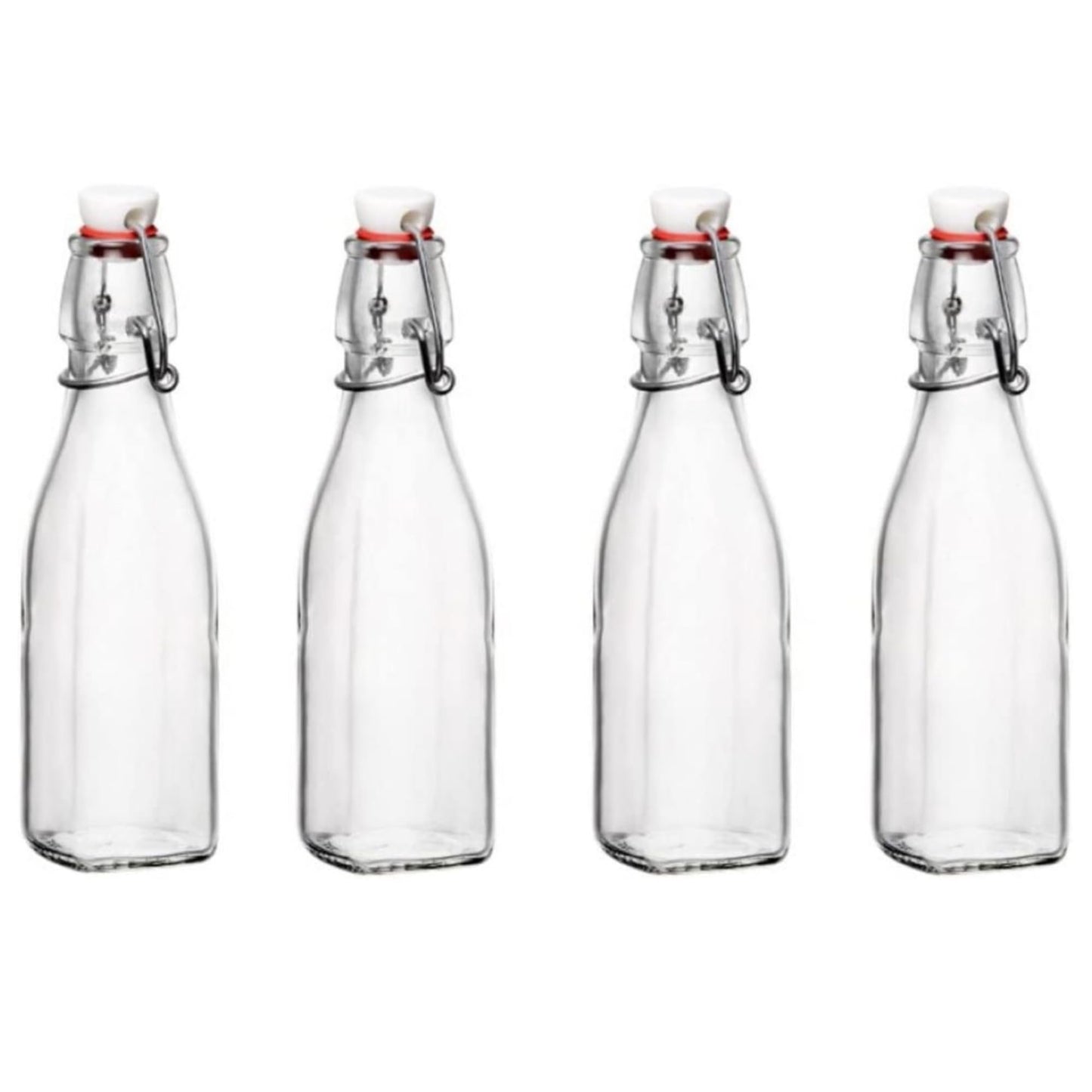Bormioli Rocco Swing Top Glass Bottle (Set of 4) - Reusable Container with Secure Metal Clasp, Ideal for Homemade Juices, Oil Infusions, Condiments, Mixers - Everyday Drinking Glasses