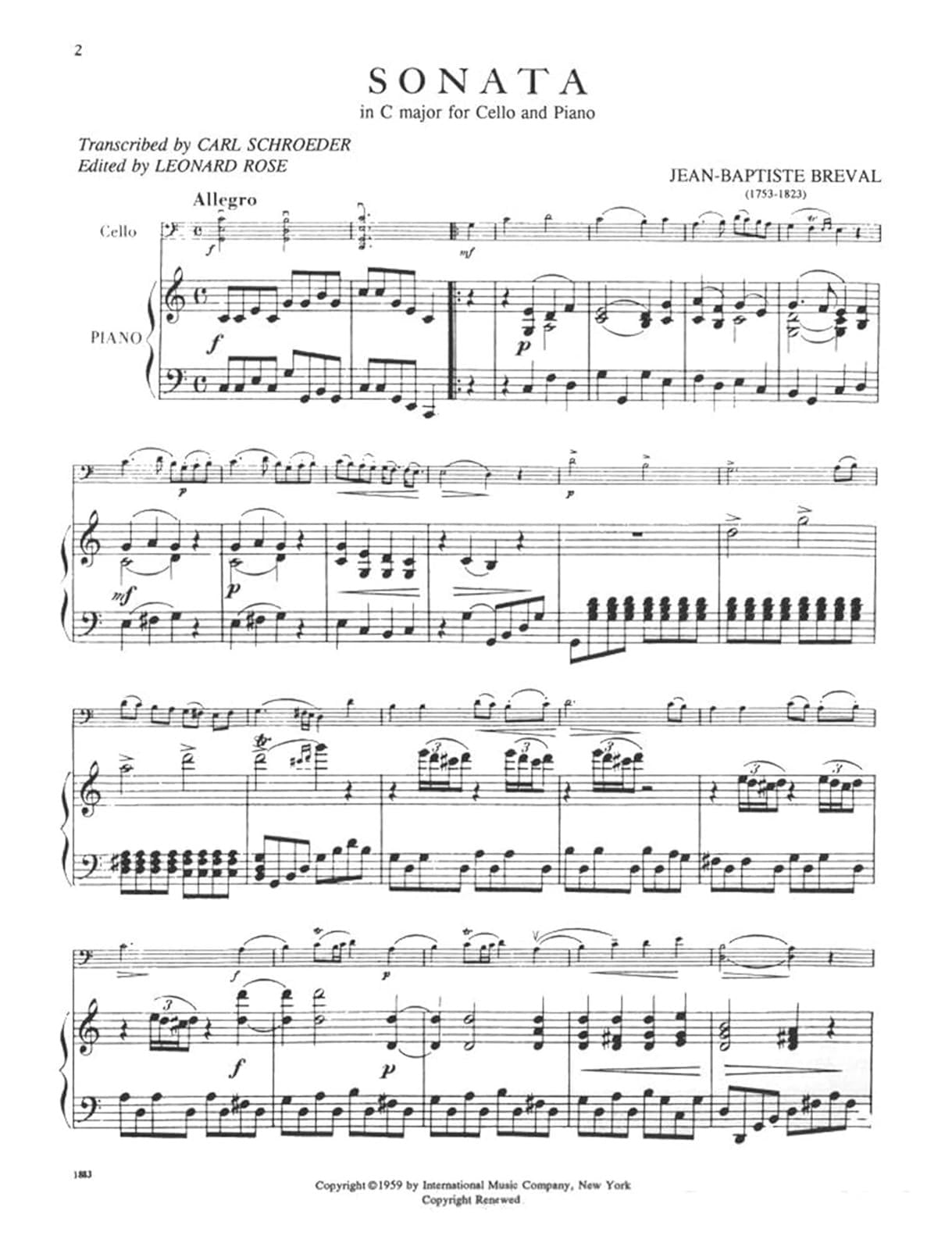 Brevel Sonata in C Major for Cello and Piano (Schroeder-rose)