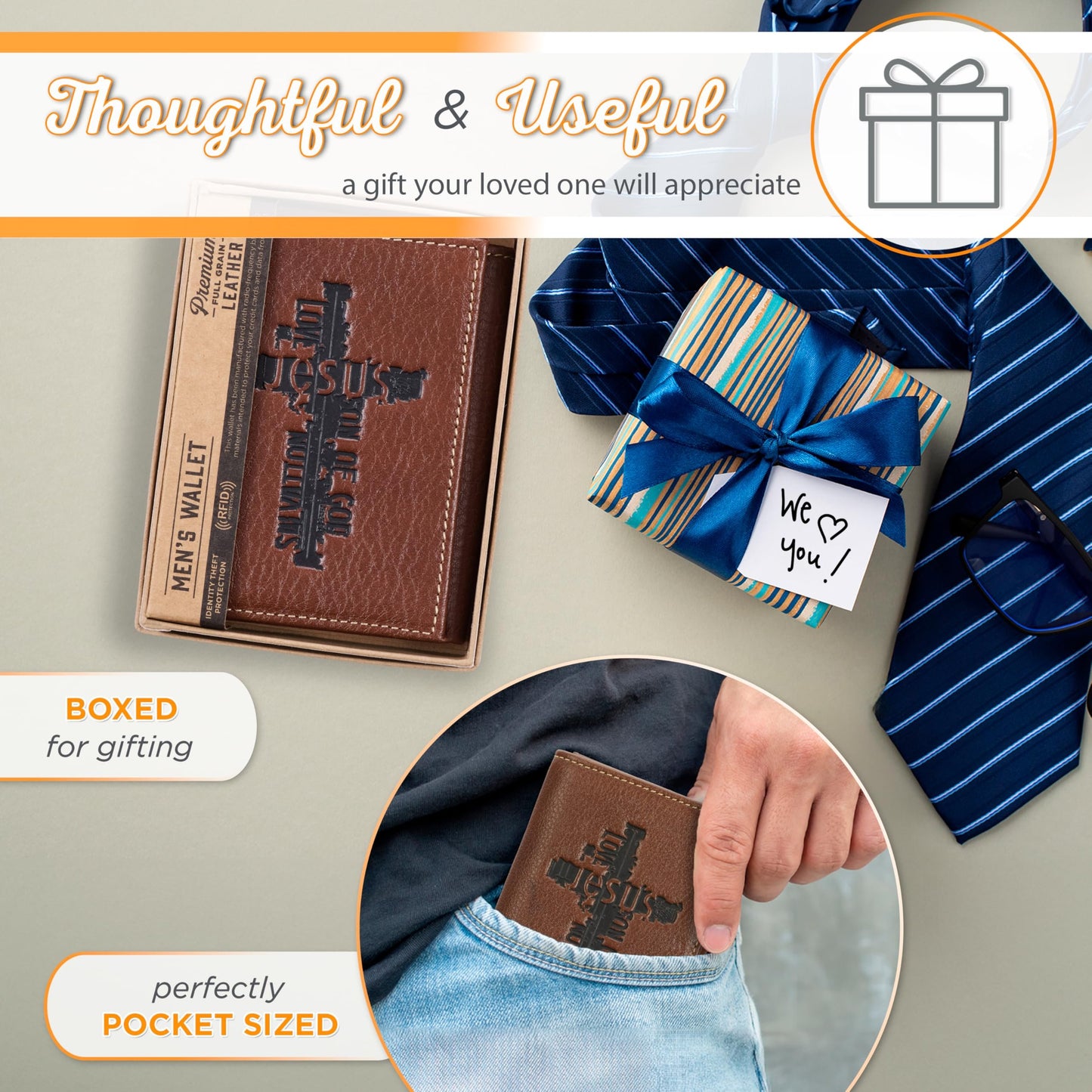 Christian Art Gifts Genuine Premium Full Grain Leather RFID Blocking Silver Engraved Cross Wallet for Men: Multi Pocket Billfold w/Removable ID Window Accessory for Credit Cards, Bills, Photos, Black