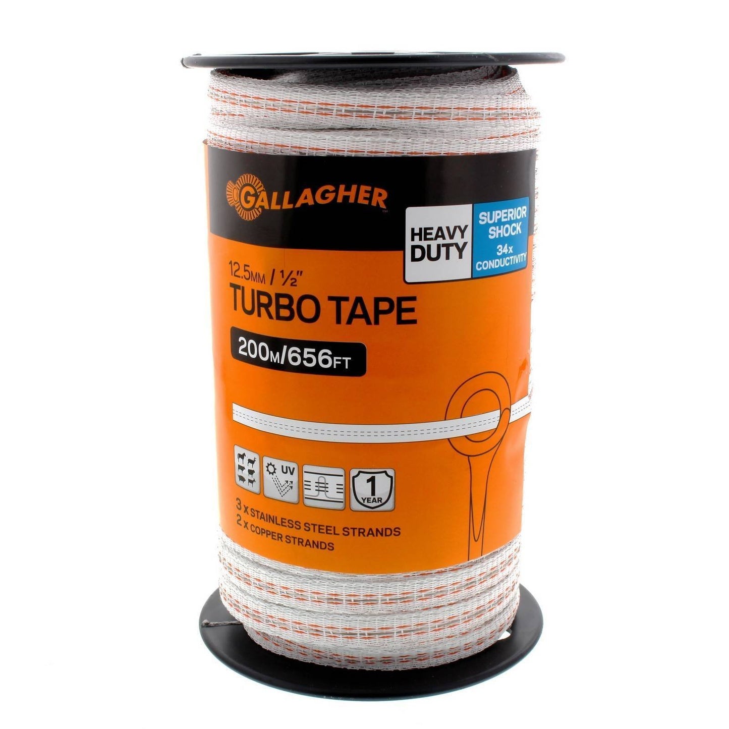 Gallagher 1/2" x 656' Turbo Poly Tape with Copper and Stainless Steel Strands for 34x More Conductivity Than Standard Poly Tape