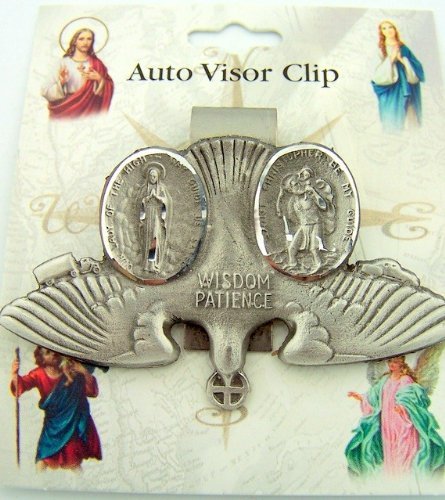 WJH Pewter Saint Christopher and Our Lady of The Highway Holy Spirit Dove Visor Clip, 3 Inch