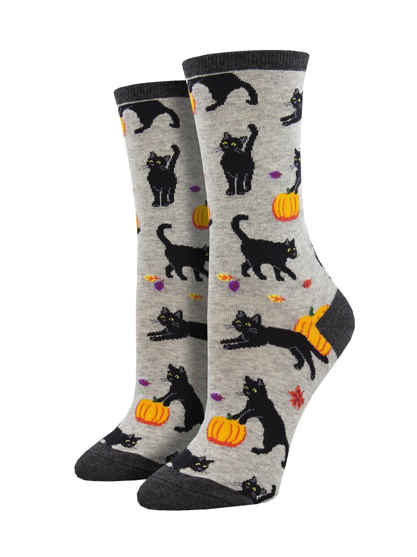 Socksmith Women's Black Cat Halloween Crew Socks, Light Grey Heather
