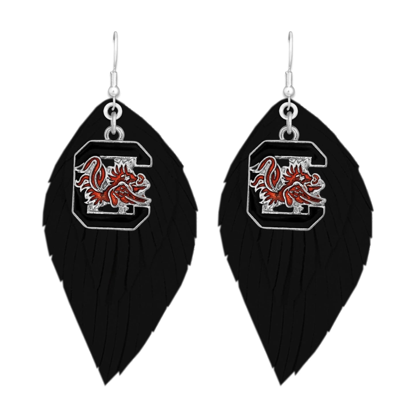 South Carolina Gamecocks Black Maroon Boho Leather Feather Earrings Jewelry USC Y