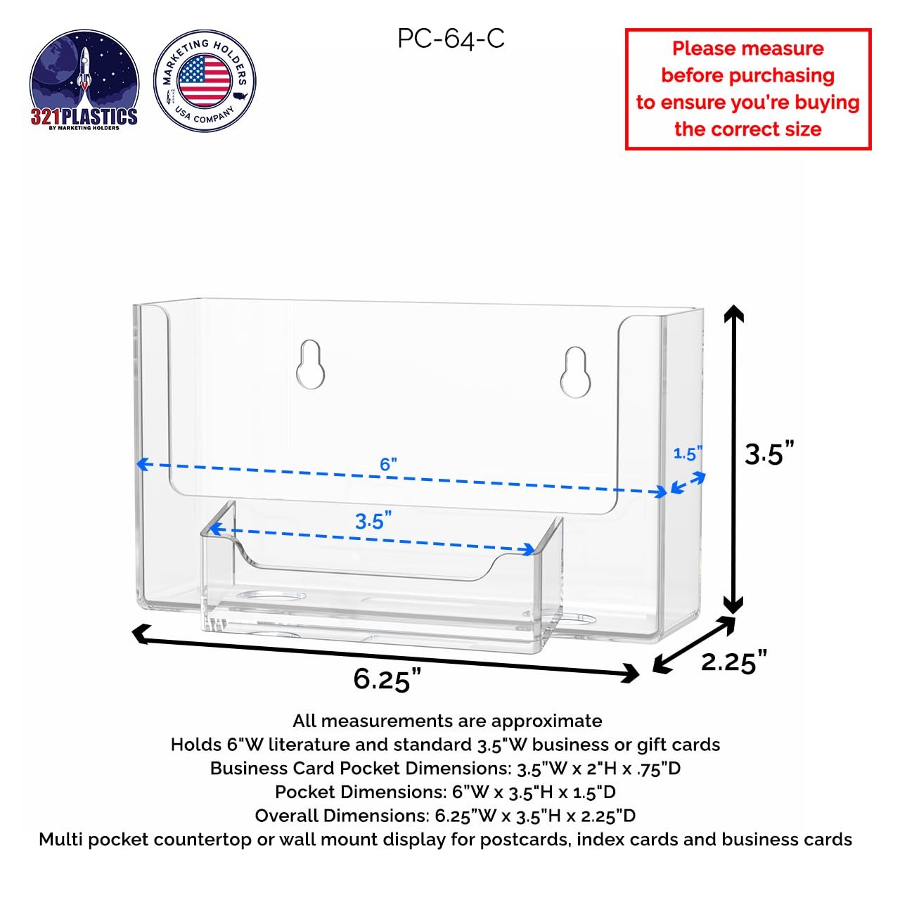 Marketing Holders Postcard Holder 6 Inch Wide with 3.5" x 2" Business Card Pocket and Hanging Hardware Wall Index Card Display Clear Acrylic Literature Organizer for Offices Shops and Tradeshows