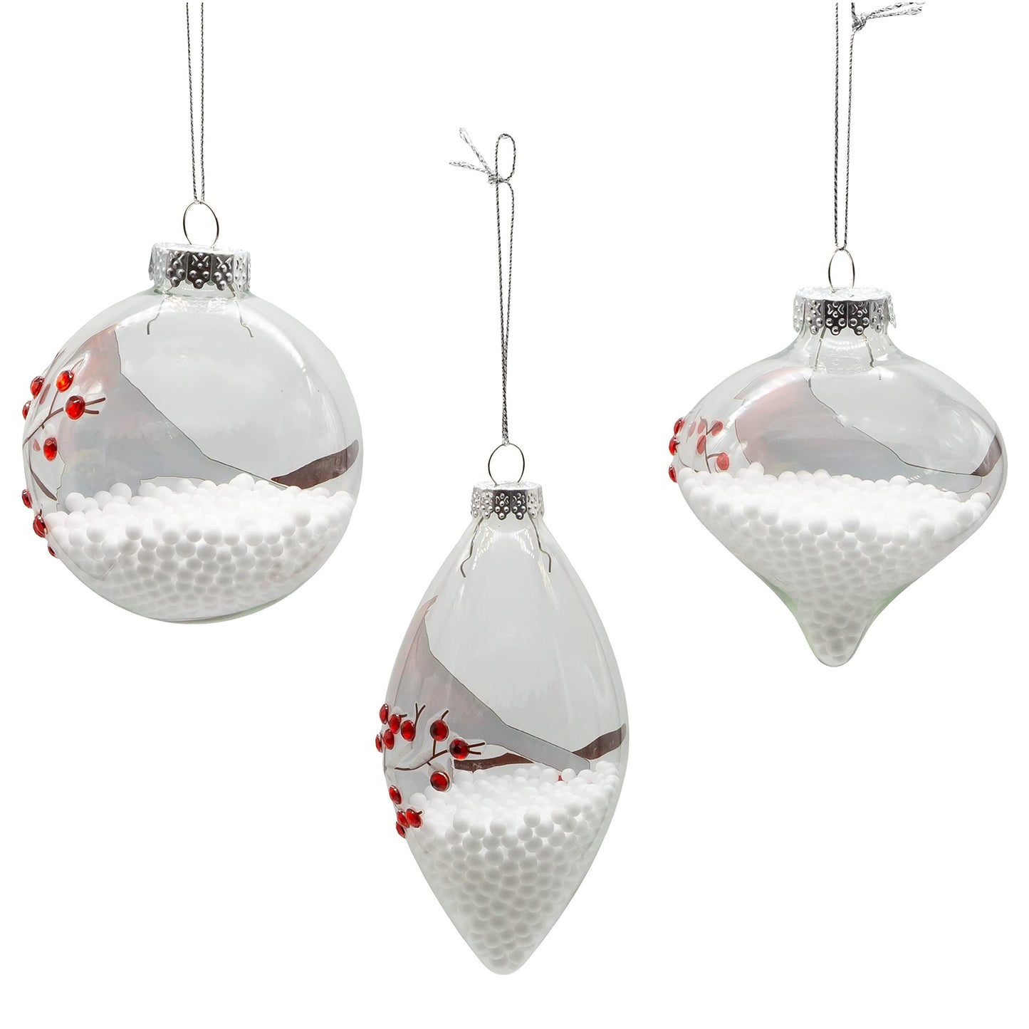 Kurt Adler 80MM Glass Transparent Cardinal Ball, Onion and Teardrop Shaped Ornaments, 3-Piece Set