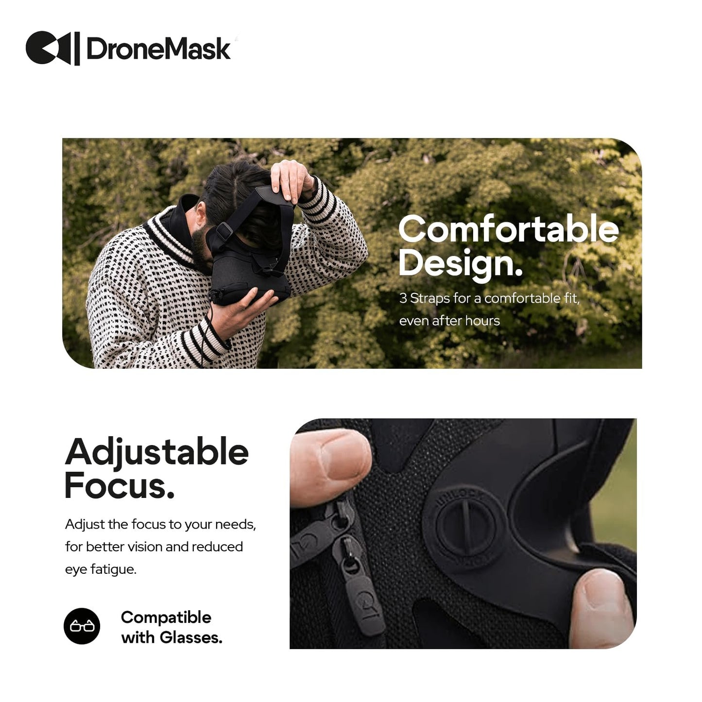 DroneMask 1 | Patented Unibody Lens FPV Goggles | Immersive VR Headset for DJI & GPS Drones