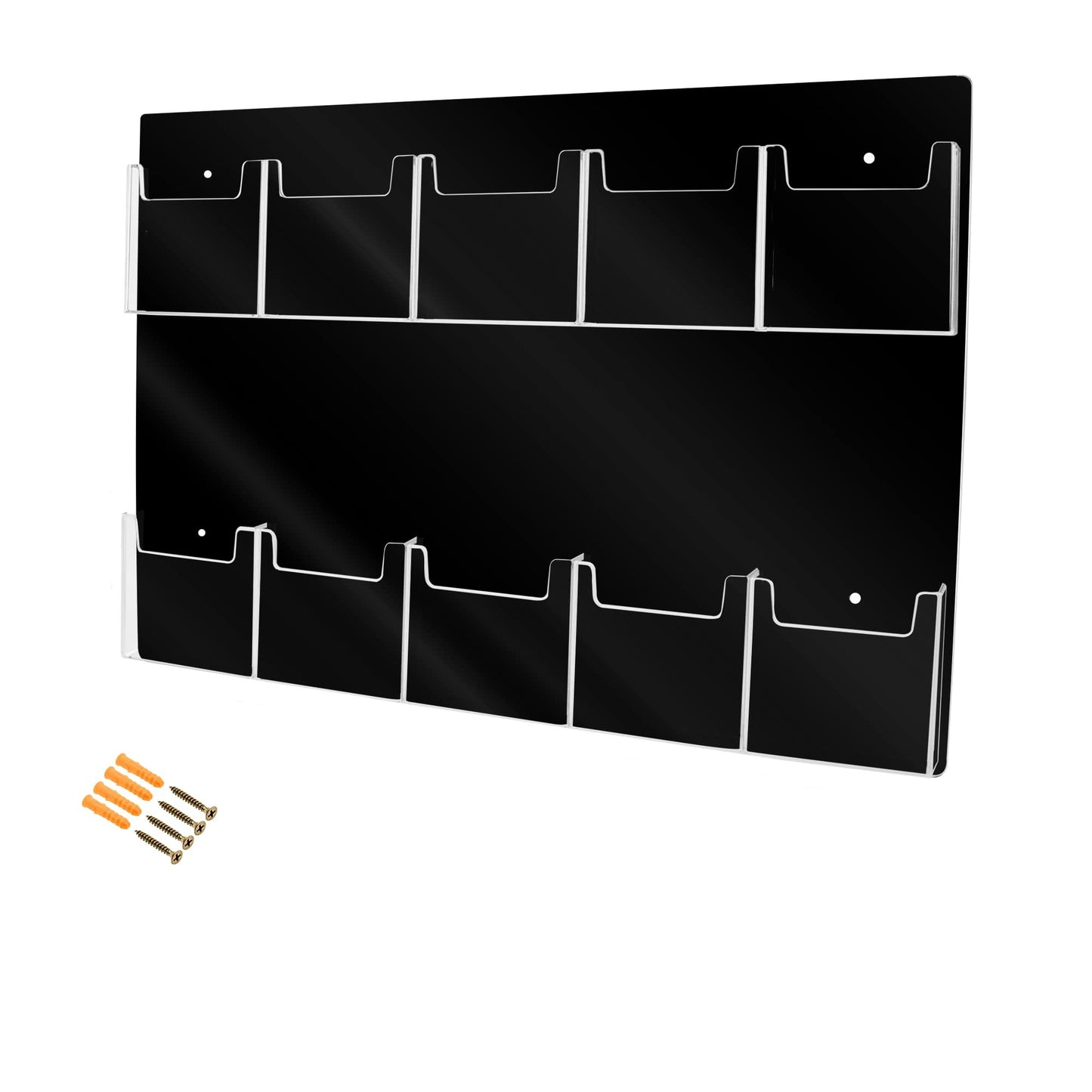 Marketing Holders Brochure Holder Wall Hanging with Hardware for 4" Trifolds 10 Slot Rack Black PVC Backing with Clear Pockets for Maps and Menus
