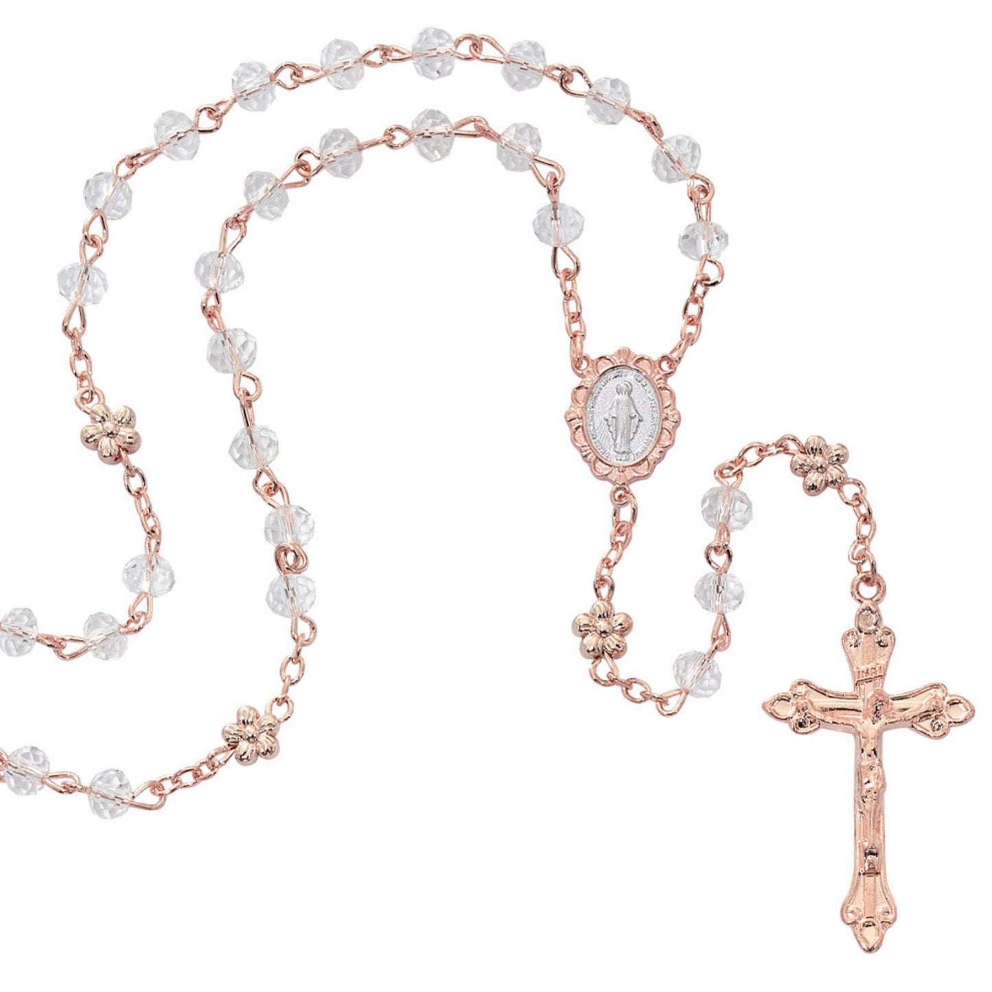 McVan Rose Gold Toned Catholic Rosary with Miraculous Medal Centerpiece, Religious Gift for Girls