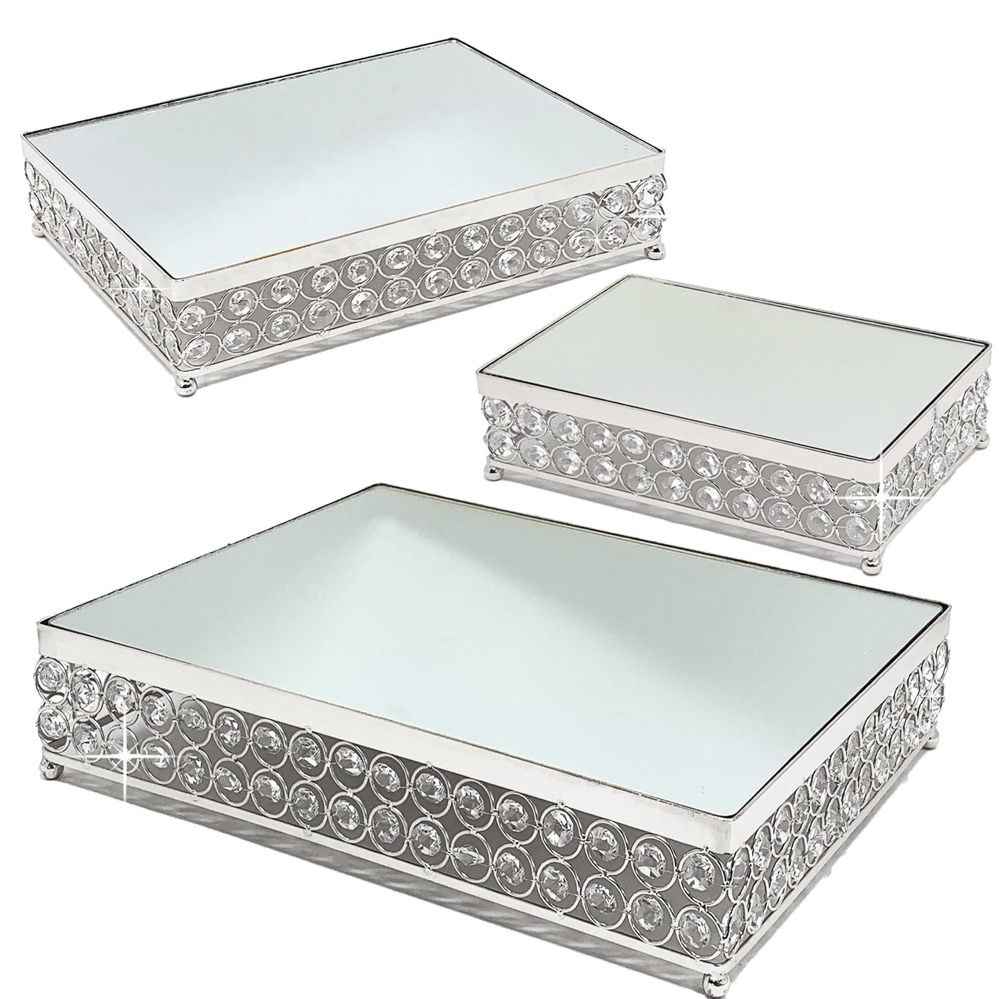 Allgala 3 Piece Set Crystal Gold Plated Dessert Cheese Cupcake Cake Stand with Mirror Plate