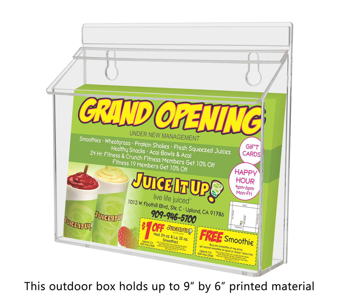 Outdoor Bifold Brochure Holder Holds 9" x 6" Advertising Booklets Clear Acrylic Wall Mount Box with Lid Includes Take One Sticker and Adhesive Strips by Marketing Holders