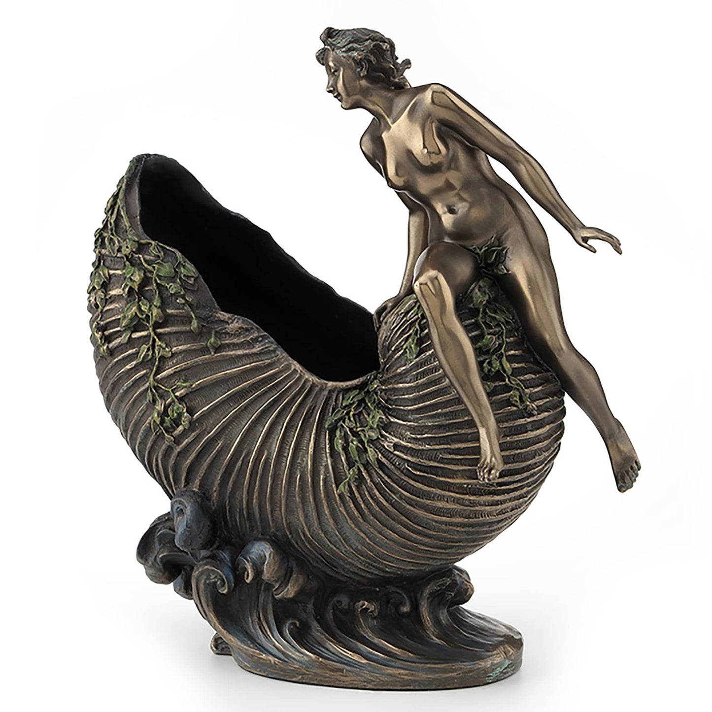 Veronese Design 9 5/8 Art Nouveau Nude Ldy Sitting On Nautilus Shell Container Resin Sculpture Bronze Finish
