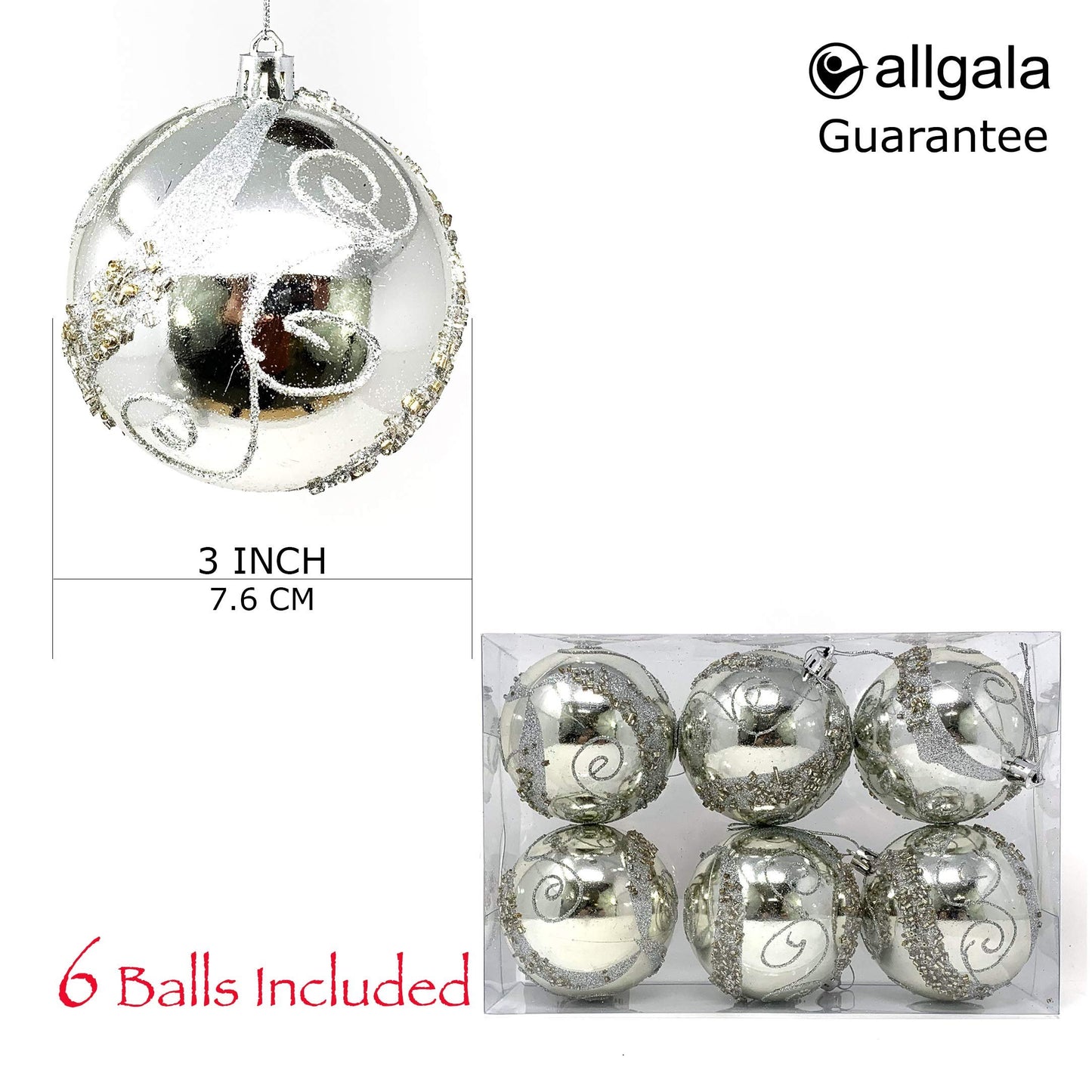 allgala 6-PK 3 Inch Luxury Glitter Rich Decoration Christmas Tree Ornament Balls