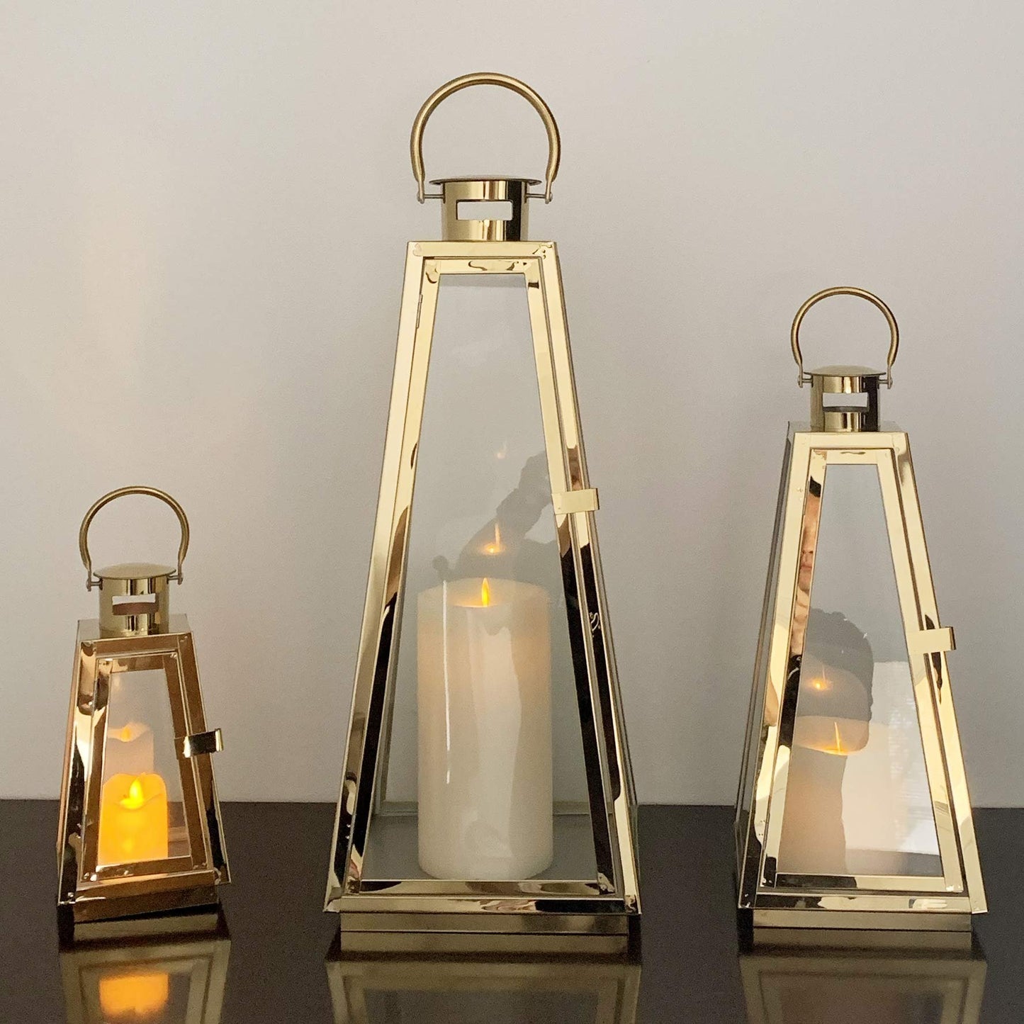 Allgala Lantern Set 3-PC Jumbo Deluxe Modern Indoor/Outdoor Candle Lantern Set with Chrome Plated Structure and Tempered Glass for Garden Poolside Fireplace Wedding